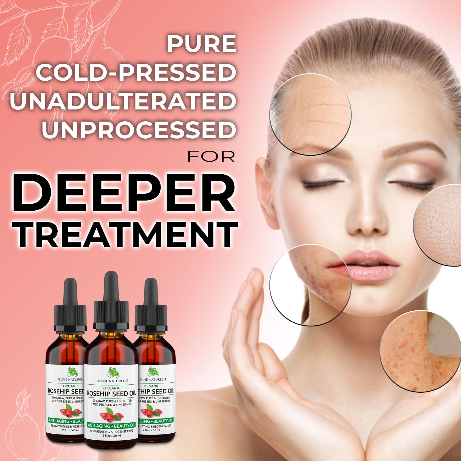 Jeune Naturelle Aceite de Rosa Mosqueta con pulpa y semillas para nutrición facial.