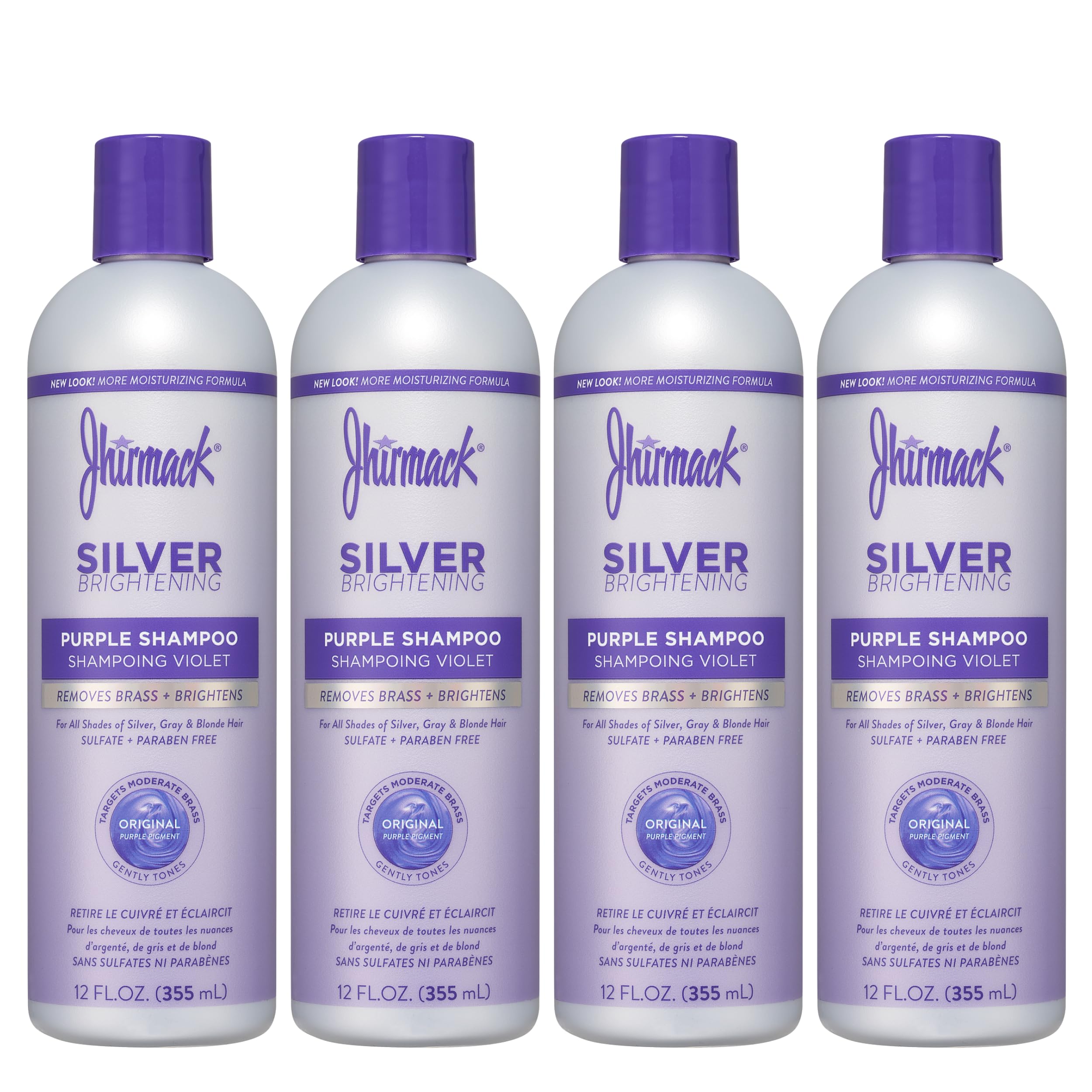 Jhirmack champú plata brillando en botella, ideal para neutralizar tonos amarillos.