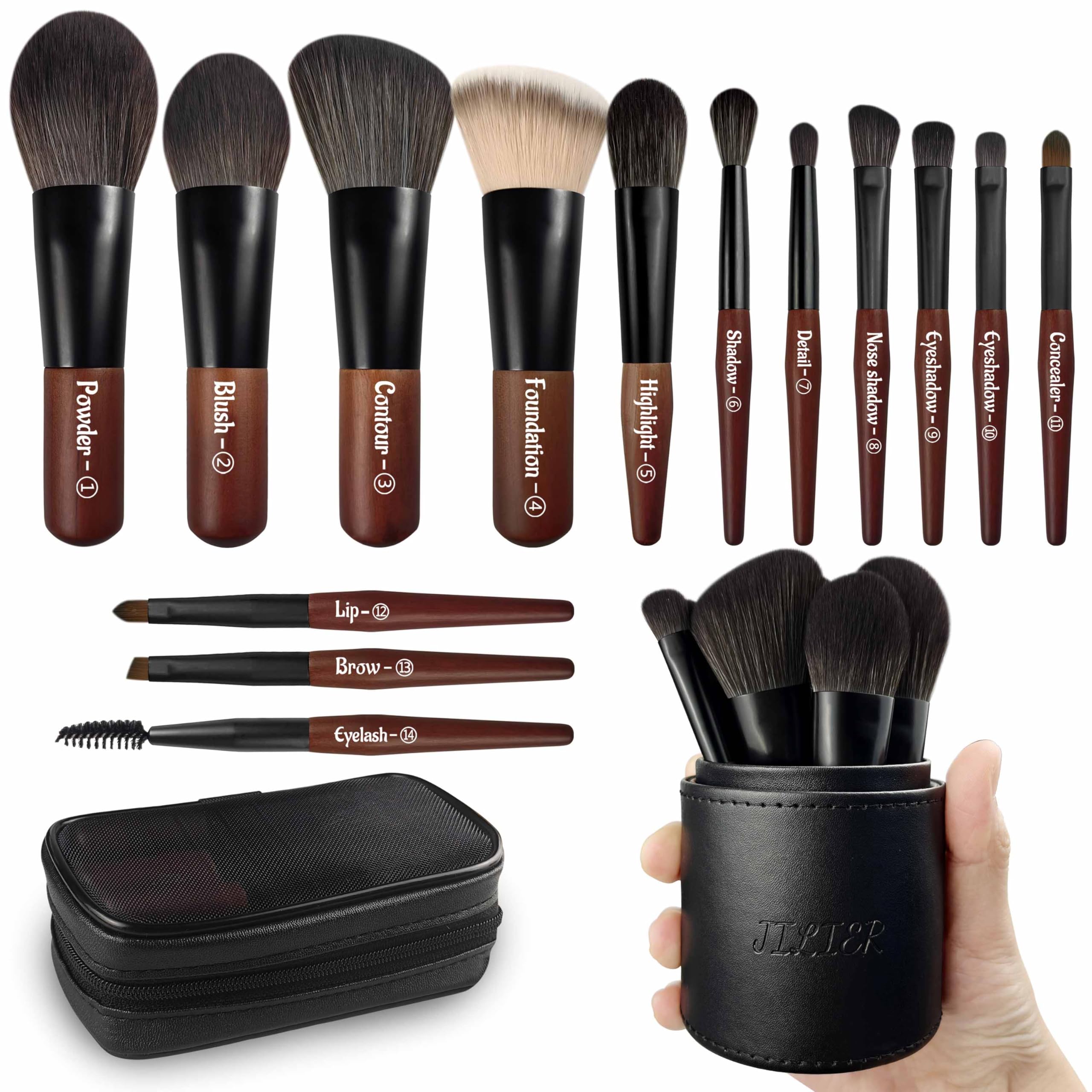 Set de brochas de viaje JILIER con estuche, compacto y práctico para retoques.
