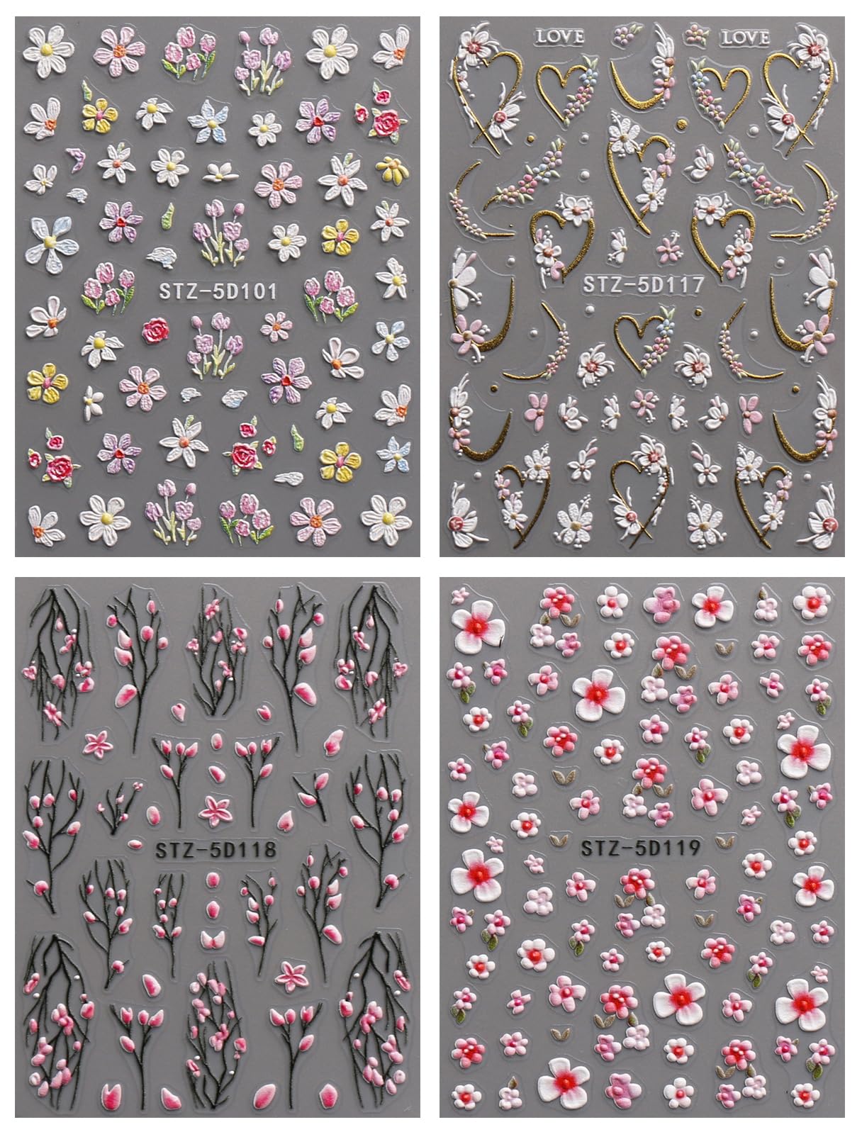 Diseños florales de JMEOWIO para uñas con efecto 3D.