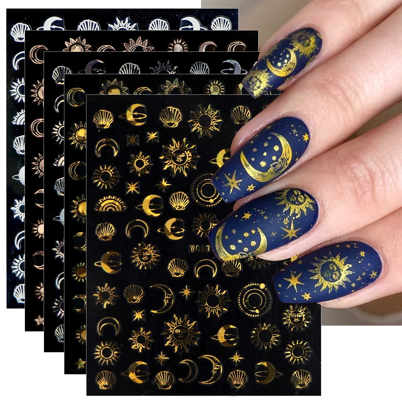 JMEOWIO: diseño lunar-estrella-sol en uñas para un aspecto brillante.