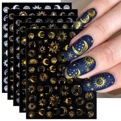 JMEOWIO: diseño lunar-estrella-sol en uñas para un aspecto brillante.