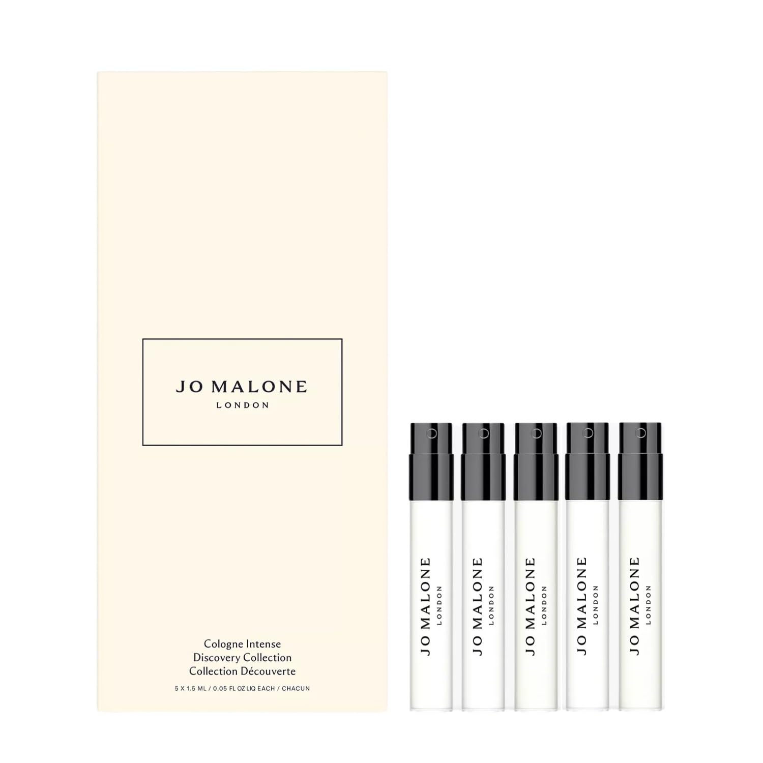 Jo Malone London discovery collection packaging—compact travel sampling set for five Cologne Intense scents.