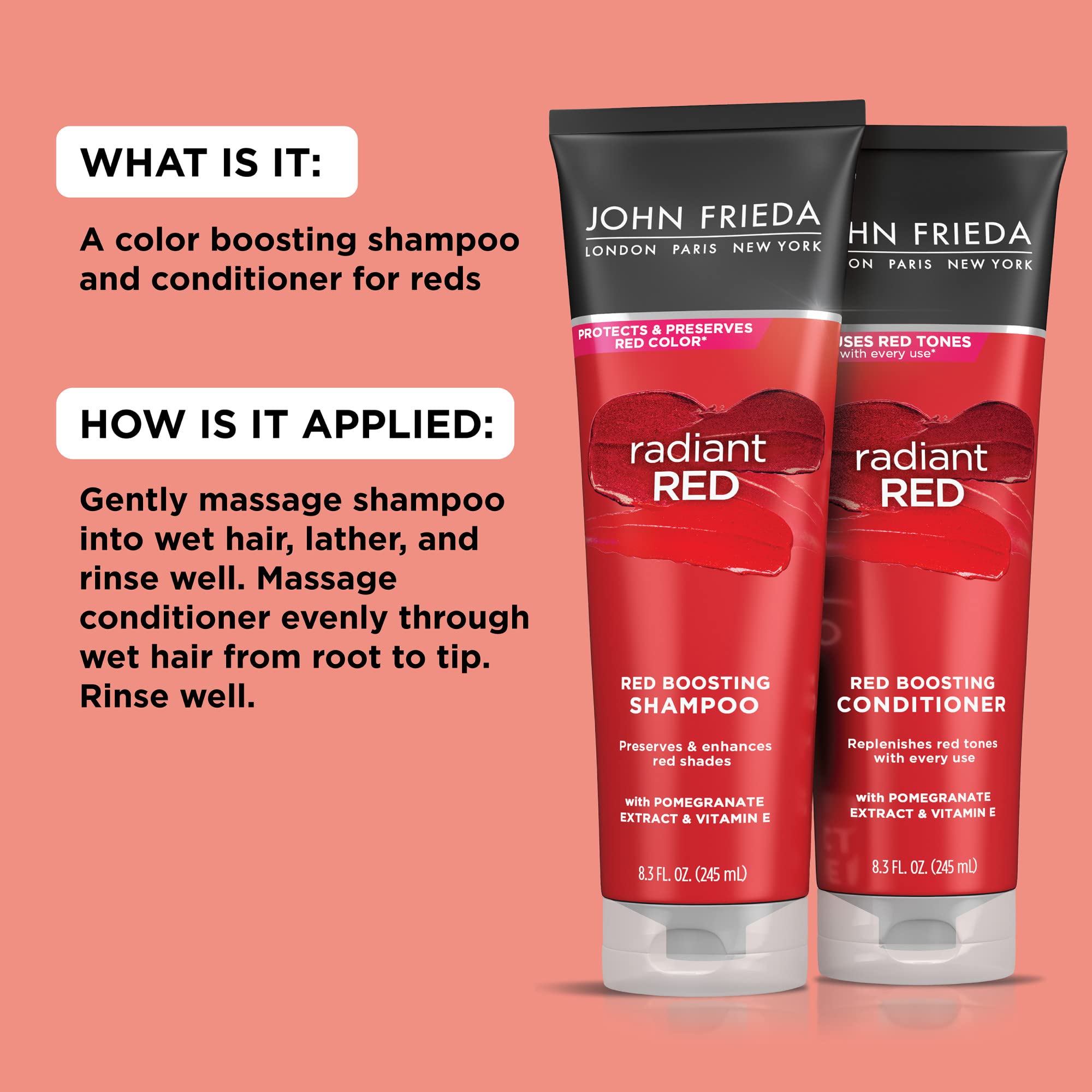 Shampoo and conditioner duo on shelf conveying salon-quality red hair care