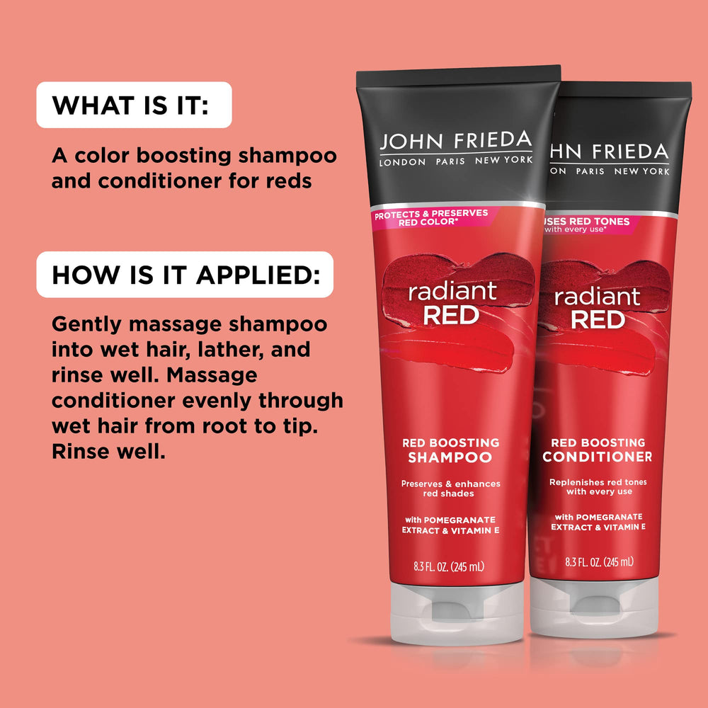 Shampoo and conditioner duo on shelf conveying salon-quality red hair care