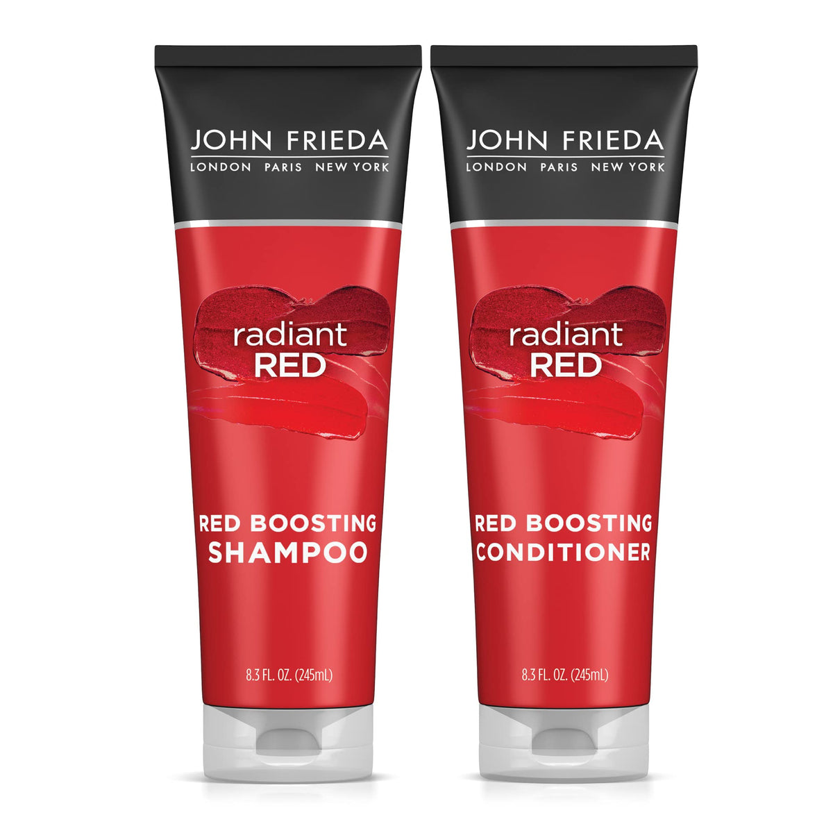 John Frieda Radiant Red shampoo bottle highlighting color protection for vibrant red tones