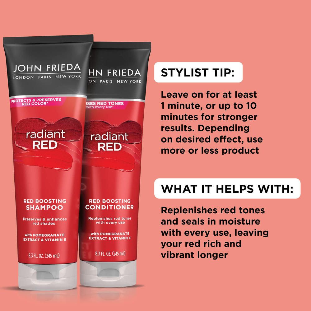 John Frieda Radiant Red conditioner tube emphasizing softness and shine for color-treated hair