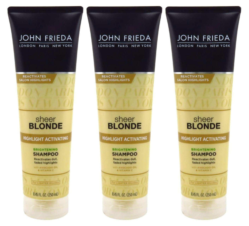 John Frieda shampoo botella derramando para brillo suave en rubios