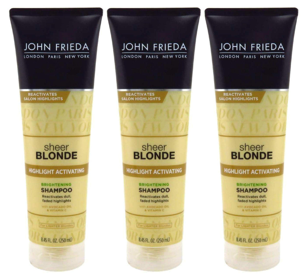 John Frieda shampoo botella derramando para brillo suave en rubios