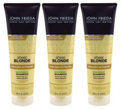 John Frieda shampoo botella derramando para brillo suave en rubios