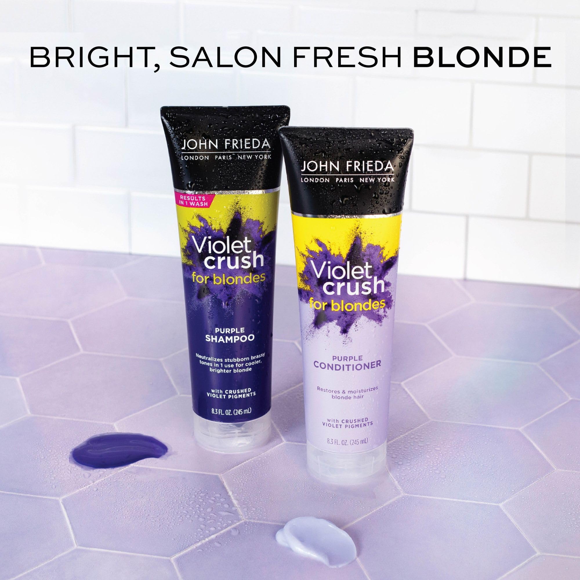 Etiqueta y envase de Violet Crush listos para uso en casa.