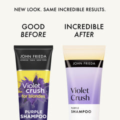 Aplicación suave del champú Violet Crush para cabello rubio con acabado más fresco.