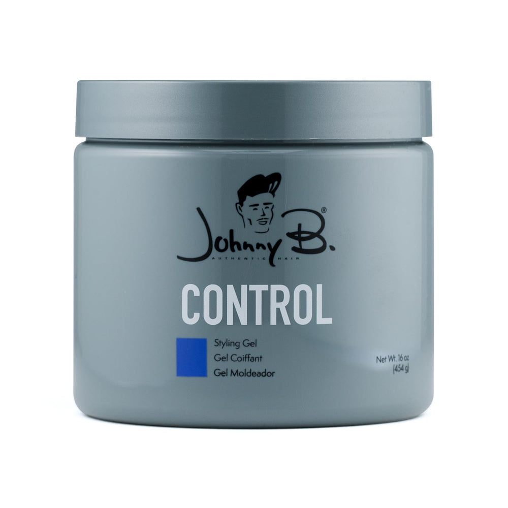 JOHNNY B. Control gel sin alcohol, botella visible, fijación fuerte para todo tipo de cabello.