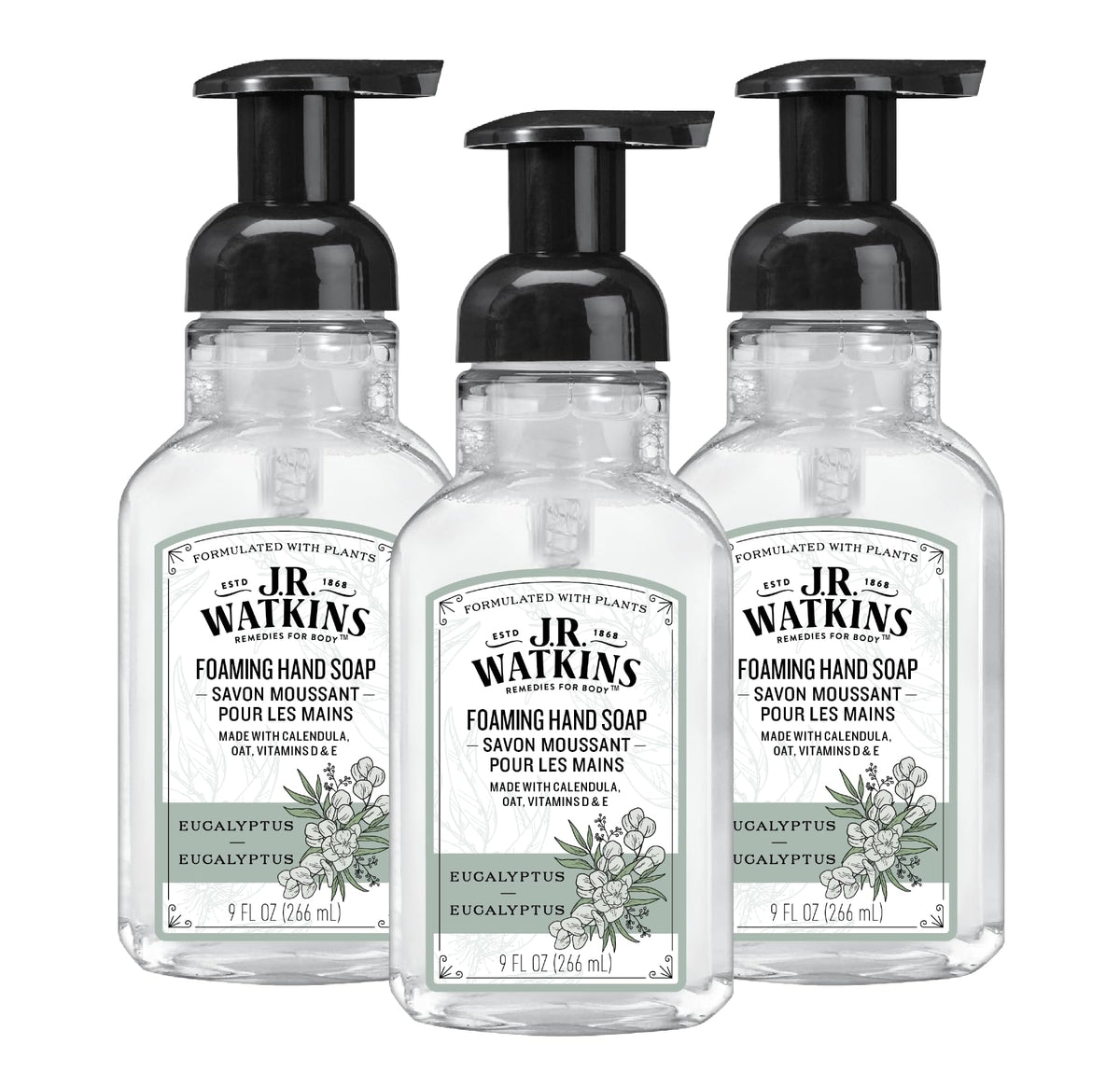 J.R. Watkins jabón espuma con dispensador, aroma eucalipto, hidrata las manos.