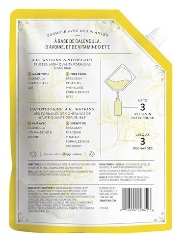 Recarga de gel limpiador de manos limón J.R. Watkins, ideal para rellenar botellas sin desperdicio.