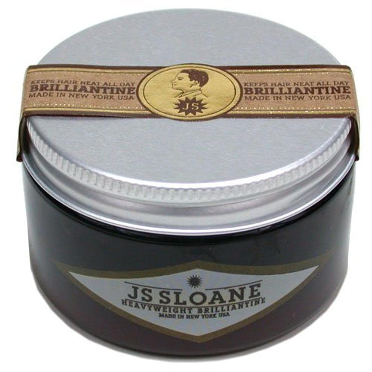 JS Sloane pomada pesada brillantina en tarro, control duradero y aroma fresco.