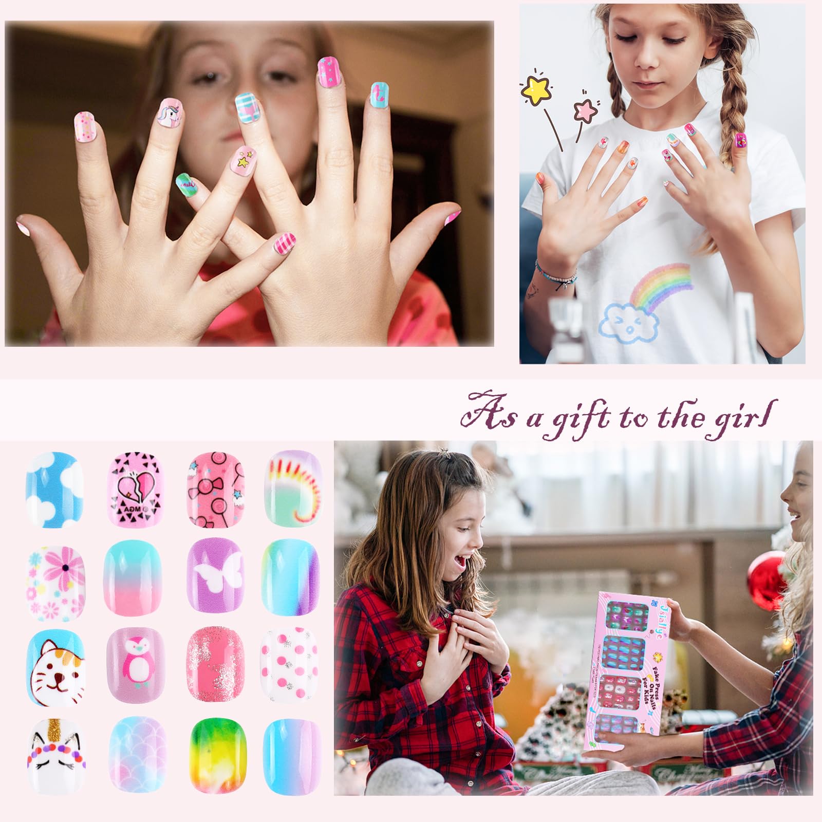Jsiallye glitter gradient unicorn designs for playful nail art.