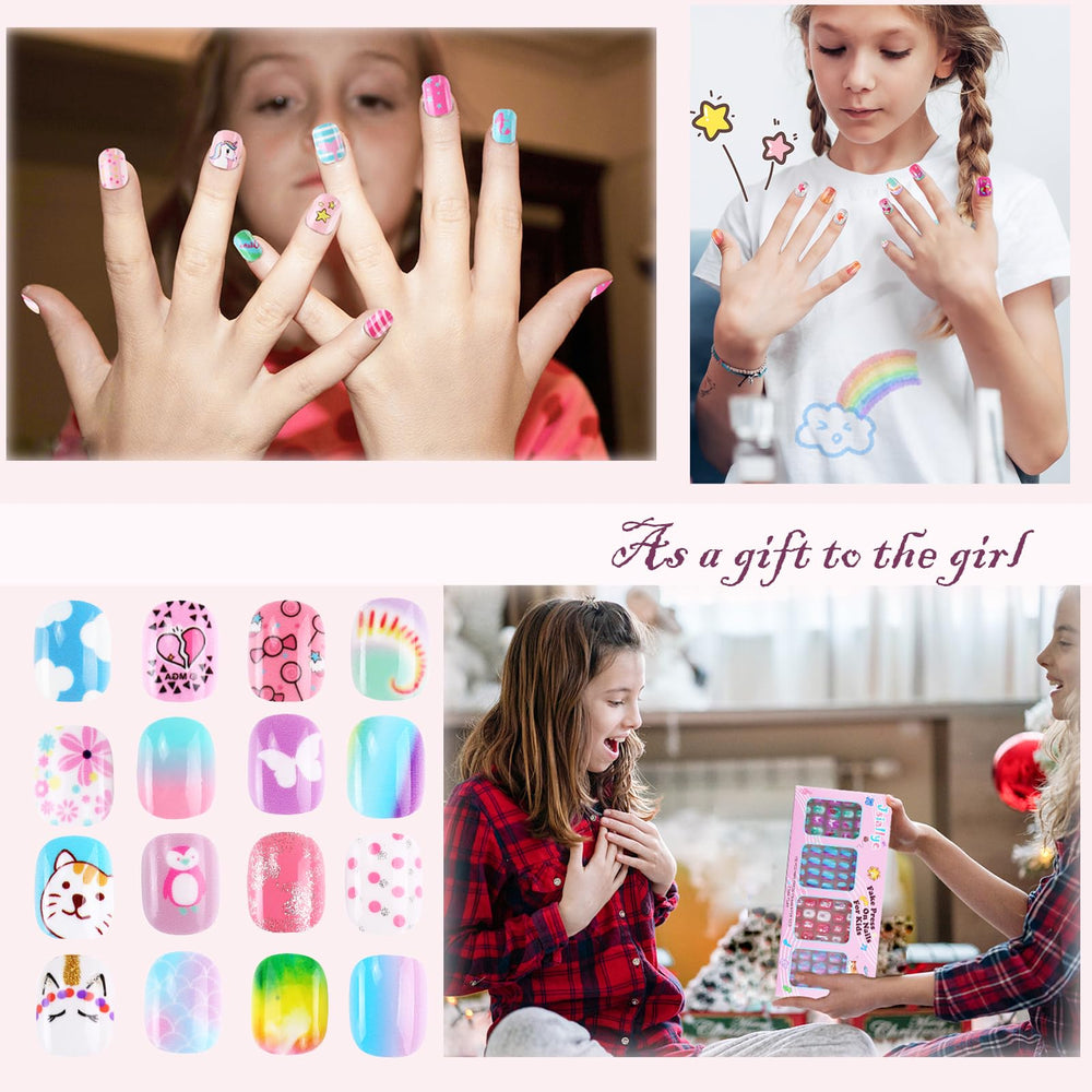 Jsiallye glitter gradient unicorn designs for playful nail art.