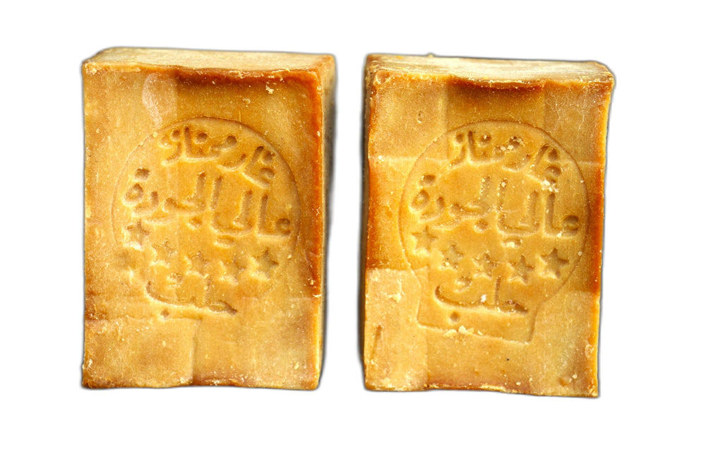 JUSIZA Aleppo Soap 2-pack with essential olive and laurel oils for moisturized skin.