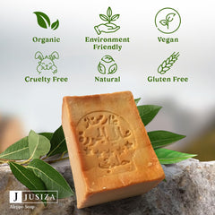 JUSIZA Aleppo Soap olive oil emphasis offering mild cleansing and nourishment.