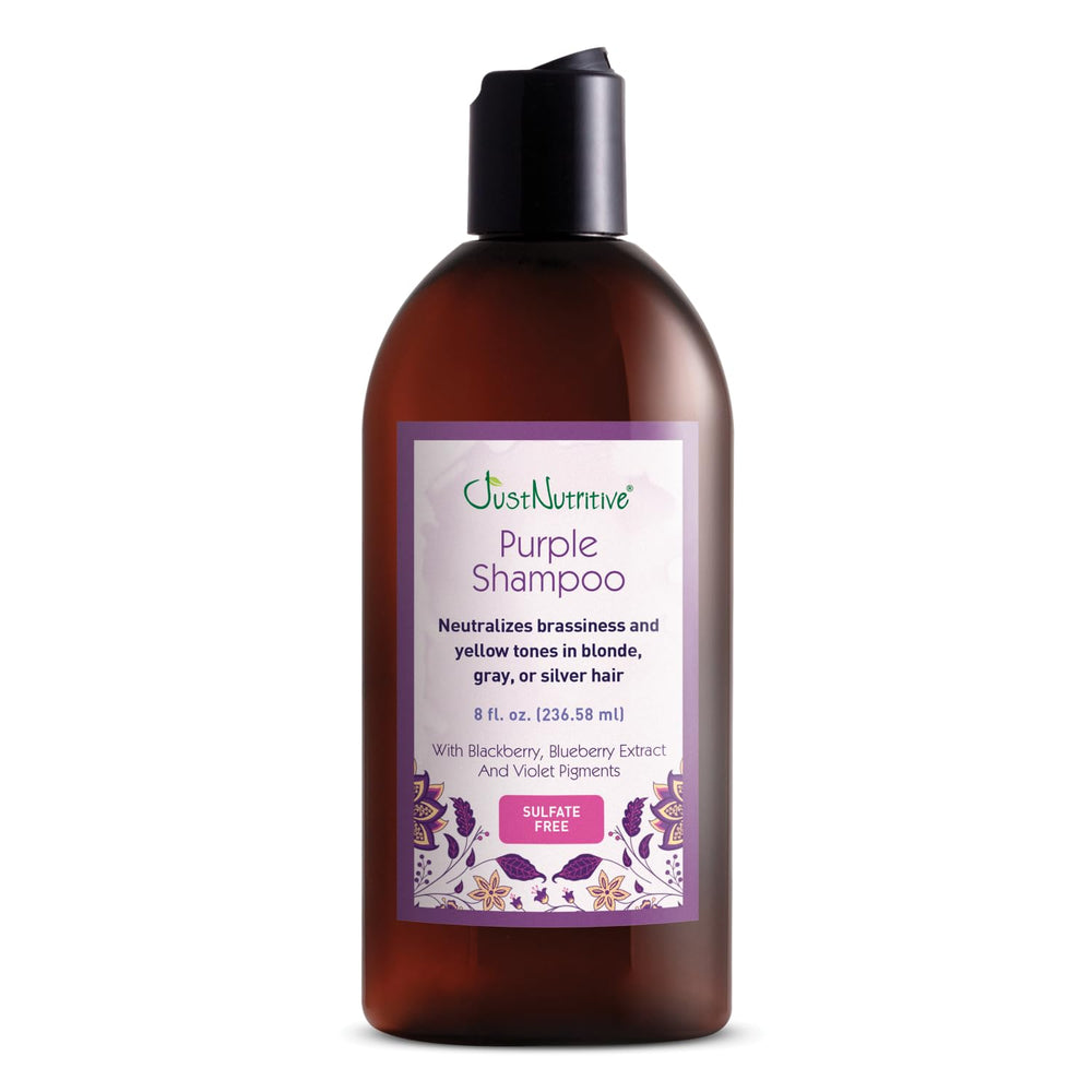 Just Nutritive champú purpura: botella morada que neutraliza tonos amarillos en cabello rubio.