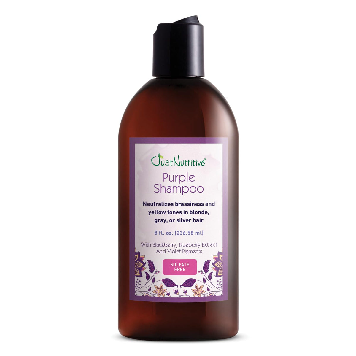 Just Nutritive champú purpura: botella morada que neutraliza tonos amarillos en cabello rubio.