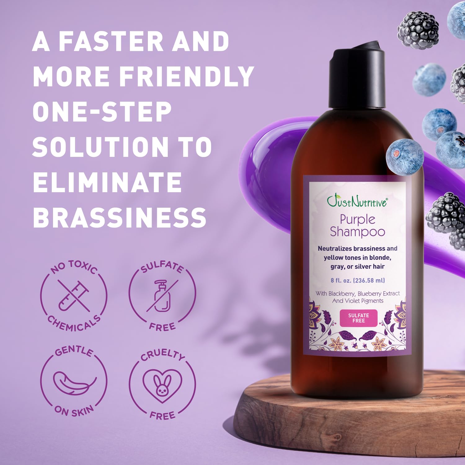 Extractos de arándano y mora en Just Nutritive purpura fortalecen el color con cuidado natural.
