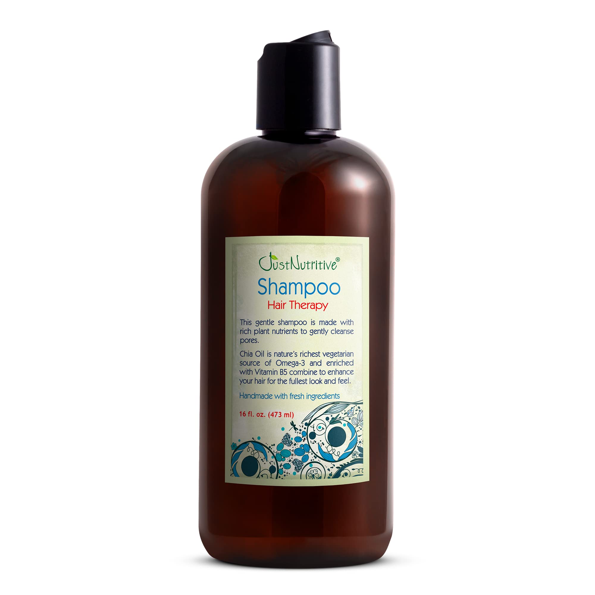 Just Nutritive Shampoing, bouteille ouverte — texture riche pour nourrir le cuir chevelu.