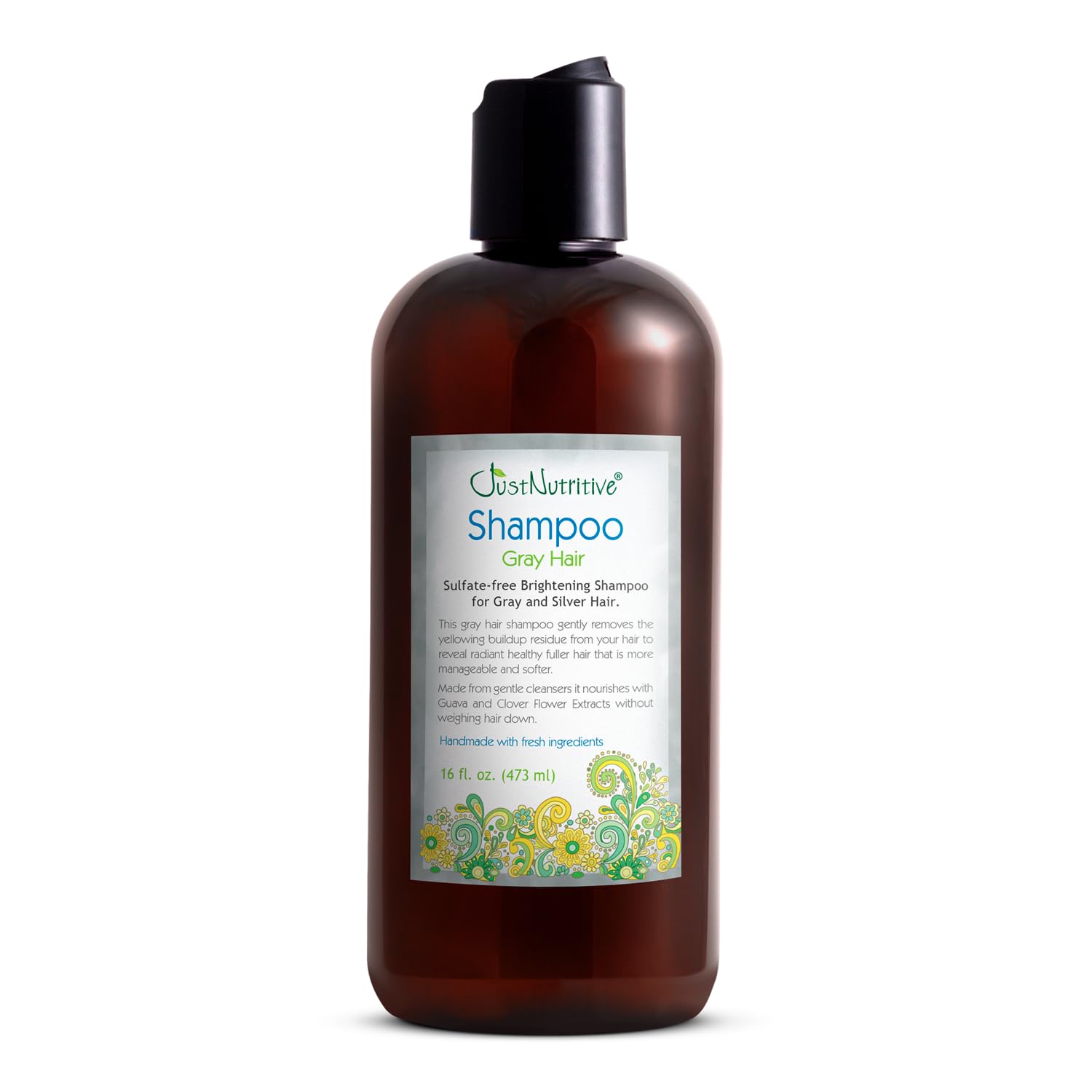 Just Nutritive shampoo gris para cabello, botella frontal, limpia y neutraliza tonos amarillentos en cabello gris.