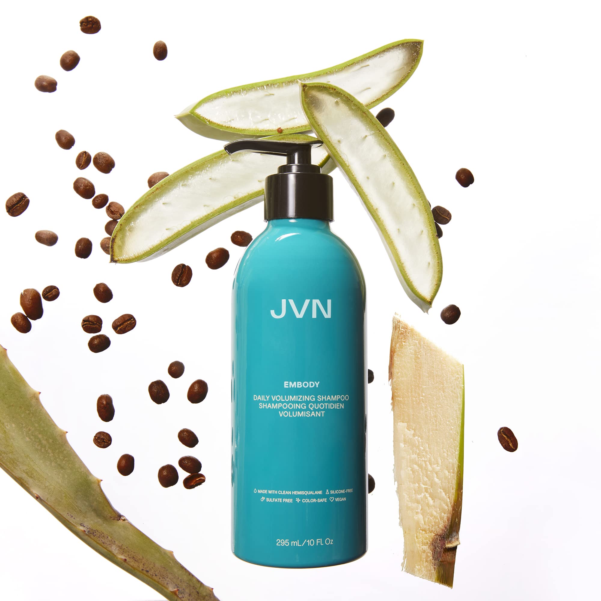 JVN Embody shampoo clear bottle displays lightweight hydration for hair.