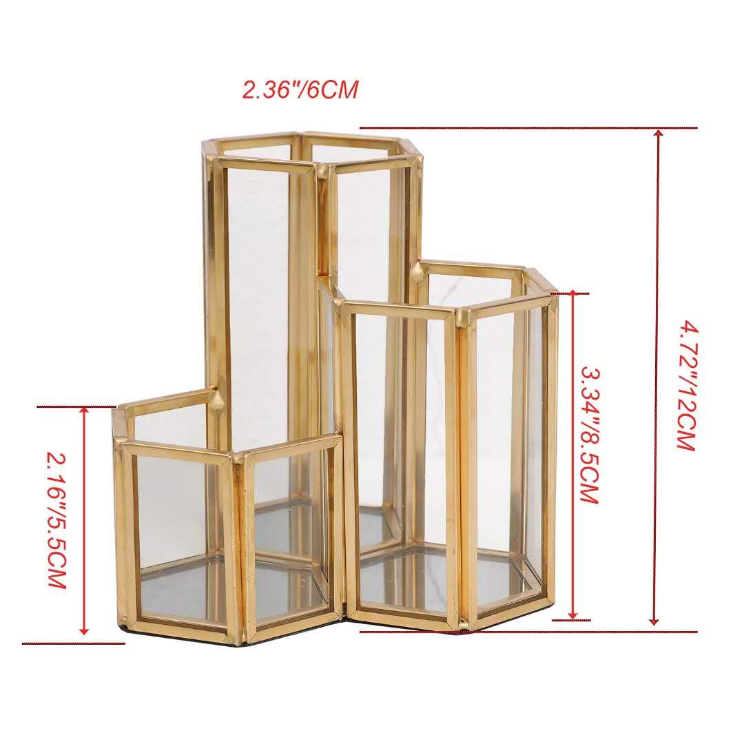 K COOL organizador dorado de vidrio con tres compartimentos para lápices.