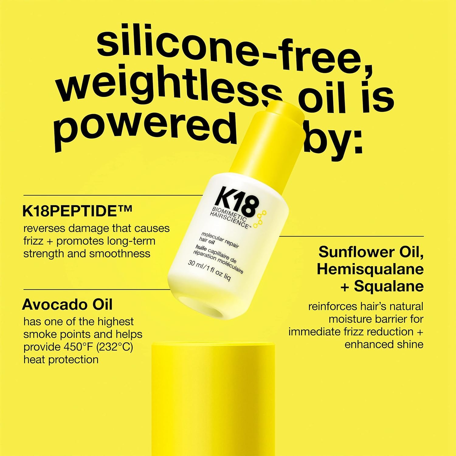 K18 Huile sans silicone pour cheveux, texture légère et efficace.