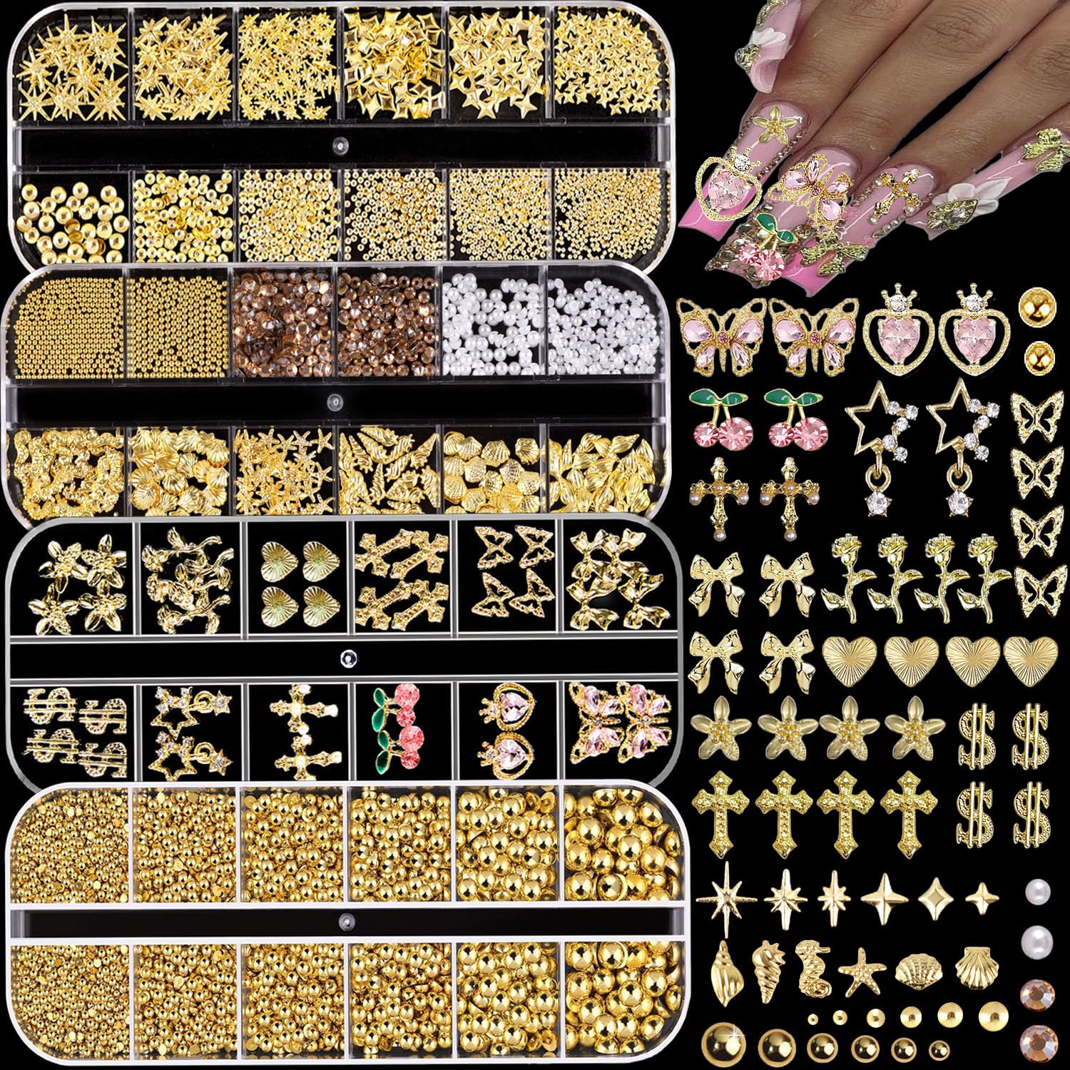 KACHIMOO juego de adornos para uñas en oro y rosa, ideal para diseños versátiles.
