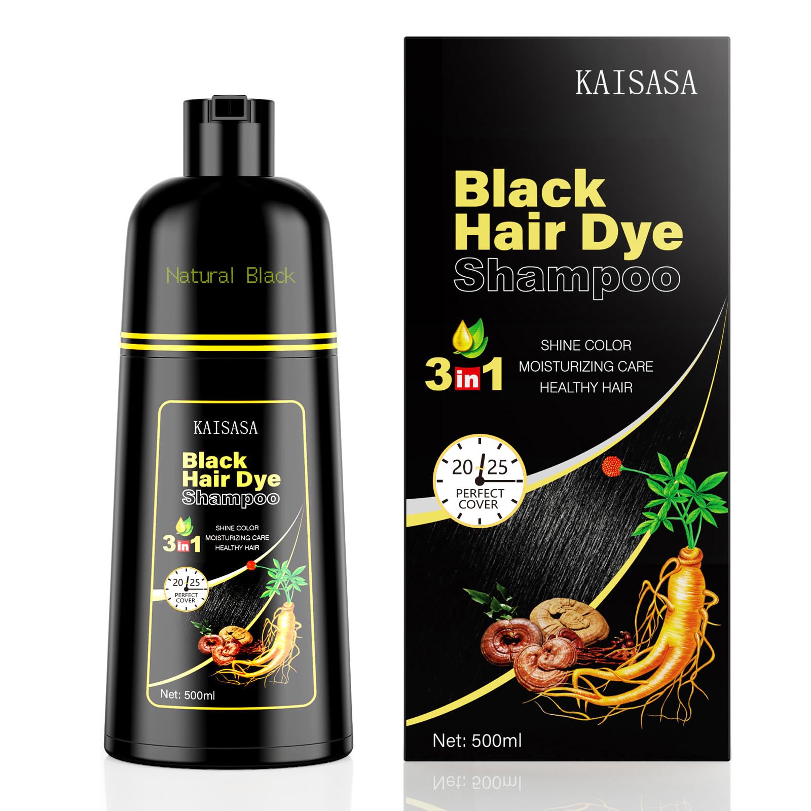 KAISASA shampoo-tinte-3-en-1 para cabello negro, cubre canas y da brillo