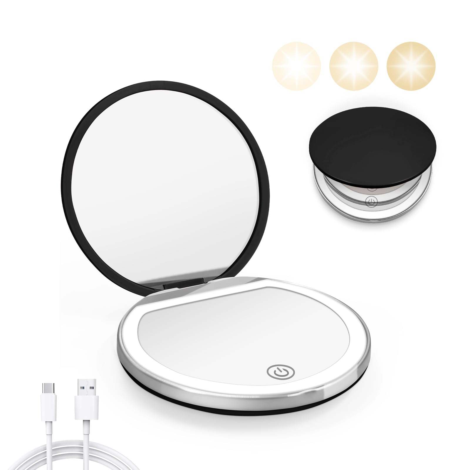 Kakuje Espejo compacto con luz muestra aumento 1X y 3X para retoques precisos.