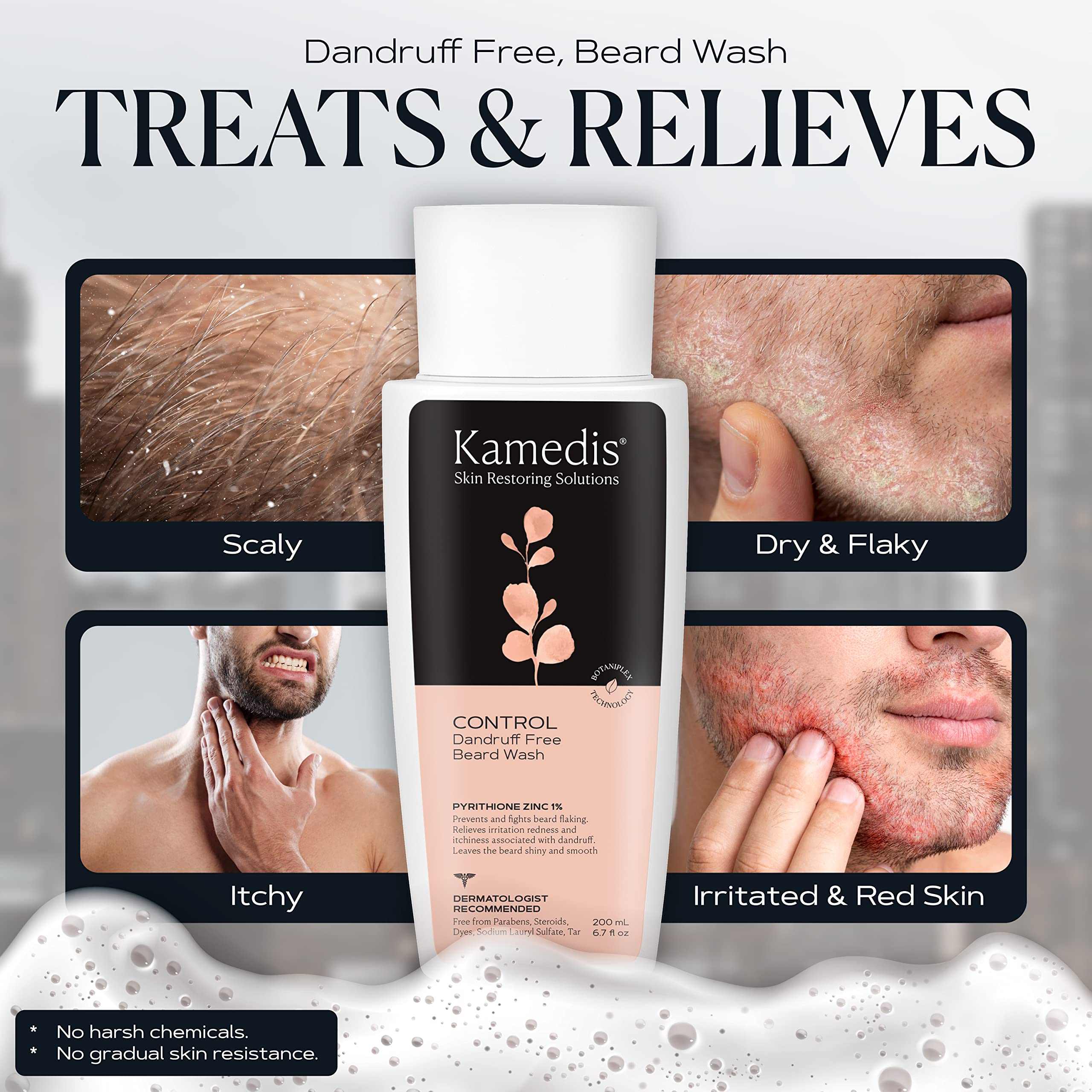 KAMEDIS Beard Wash etiqueta con zinc piritione y ácido salicílico para la piel.