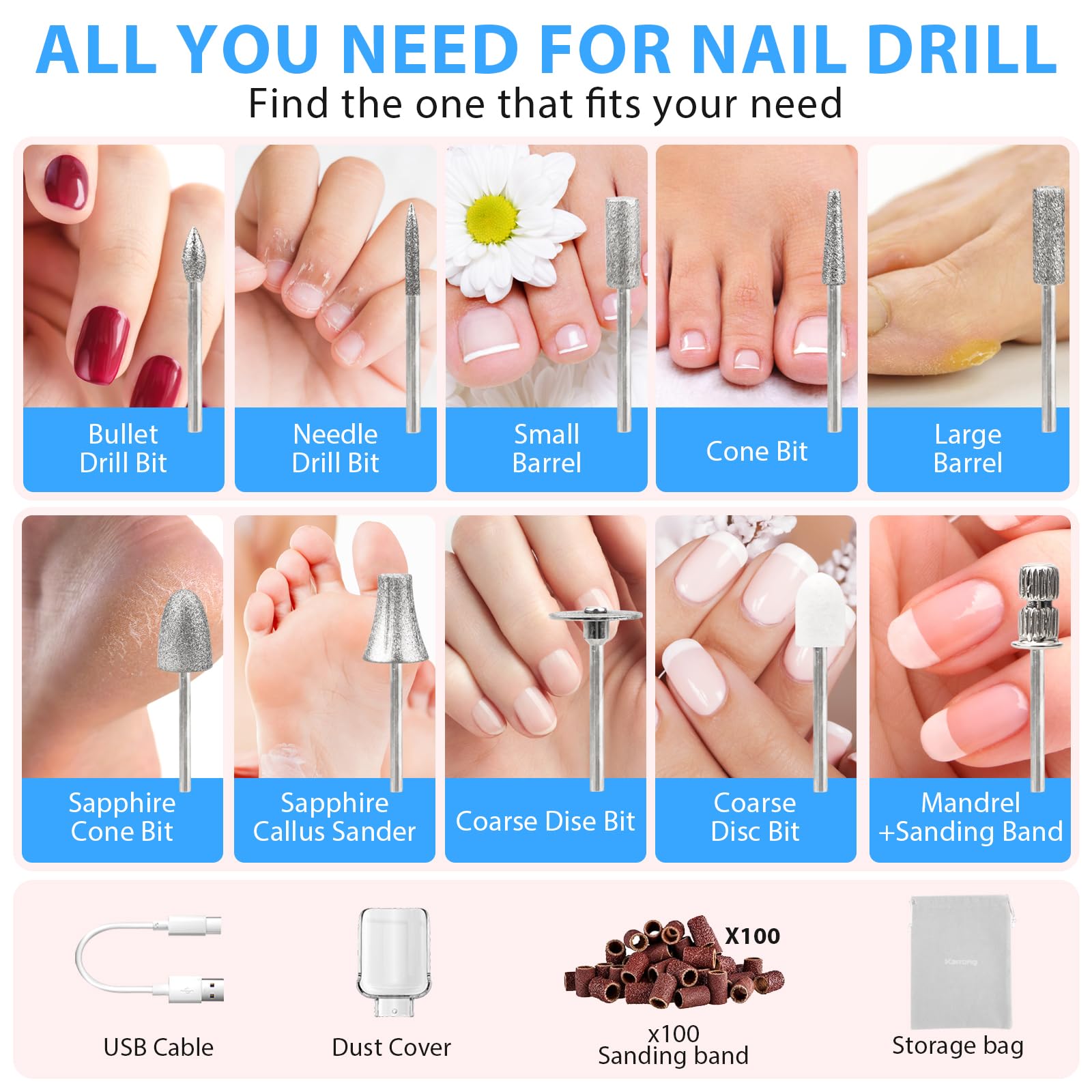 Karrong kit profesional incluye brocas y bandas para uñas