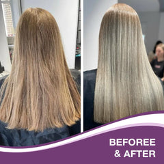 Resultado sin frizz con mascarilla púrpura Karseell en cabello plateado
