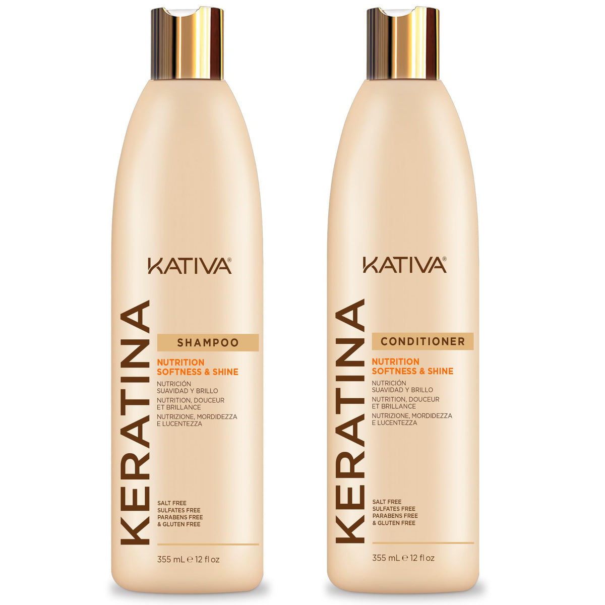 KATIVA Keratin Shampoo and Conditioner pack shot for nourished, smoother, shinier hair.