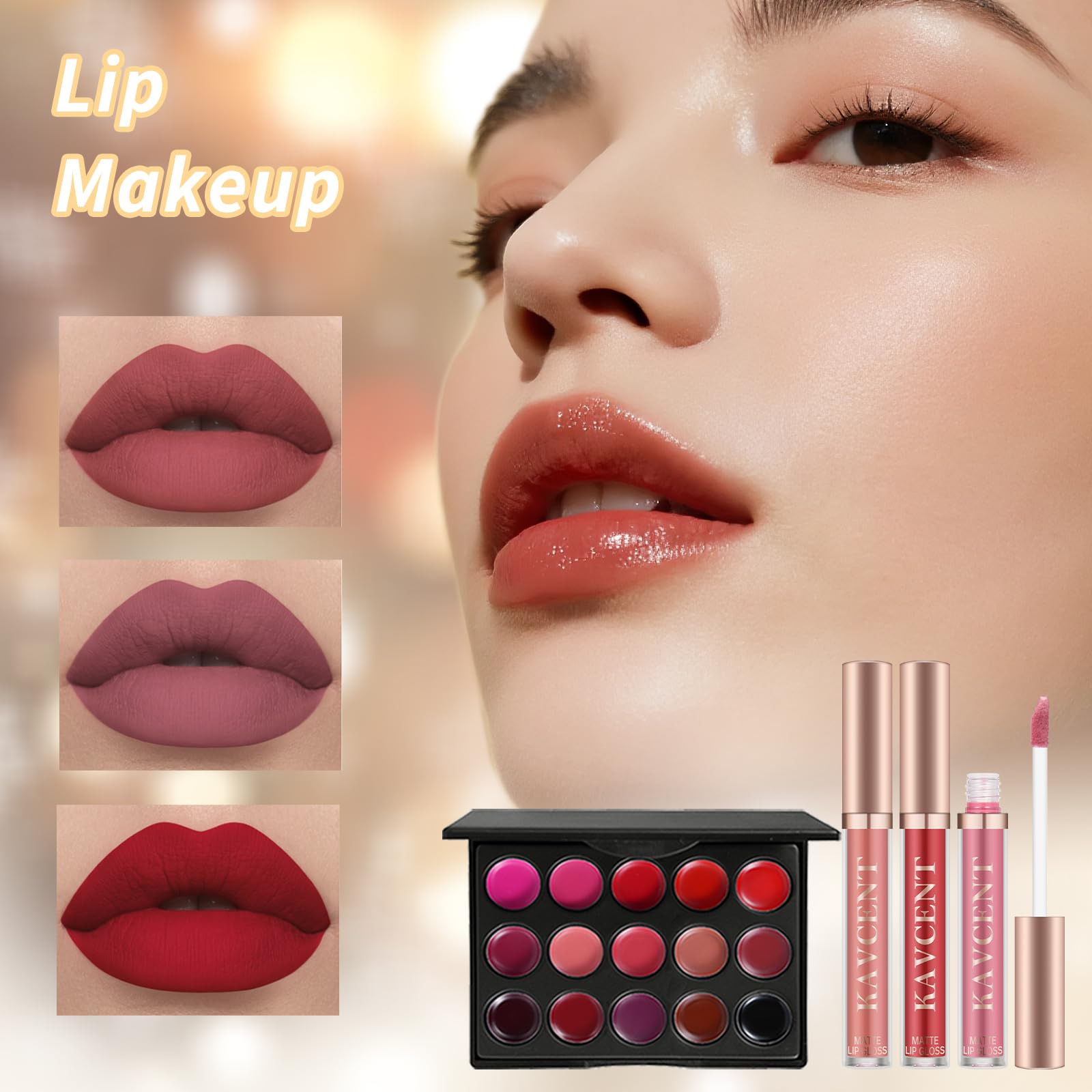 KAVCENT powder puff and makeup brushes for smooth, blendable application.