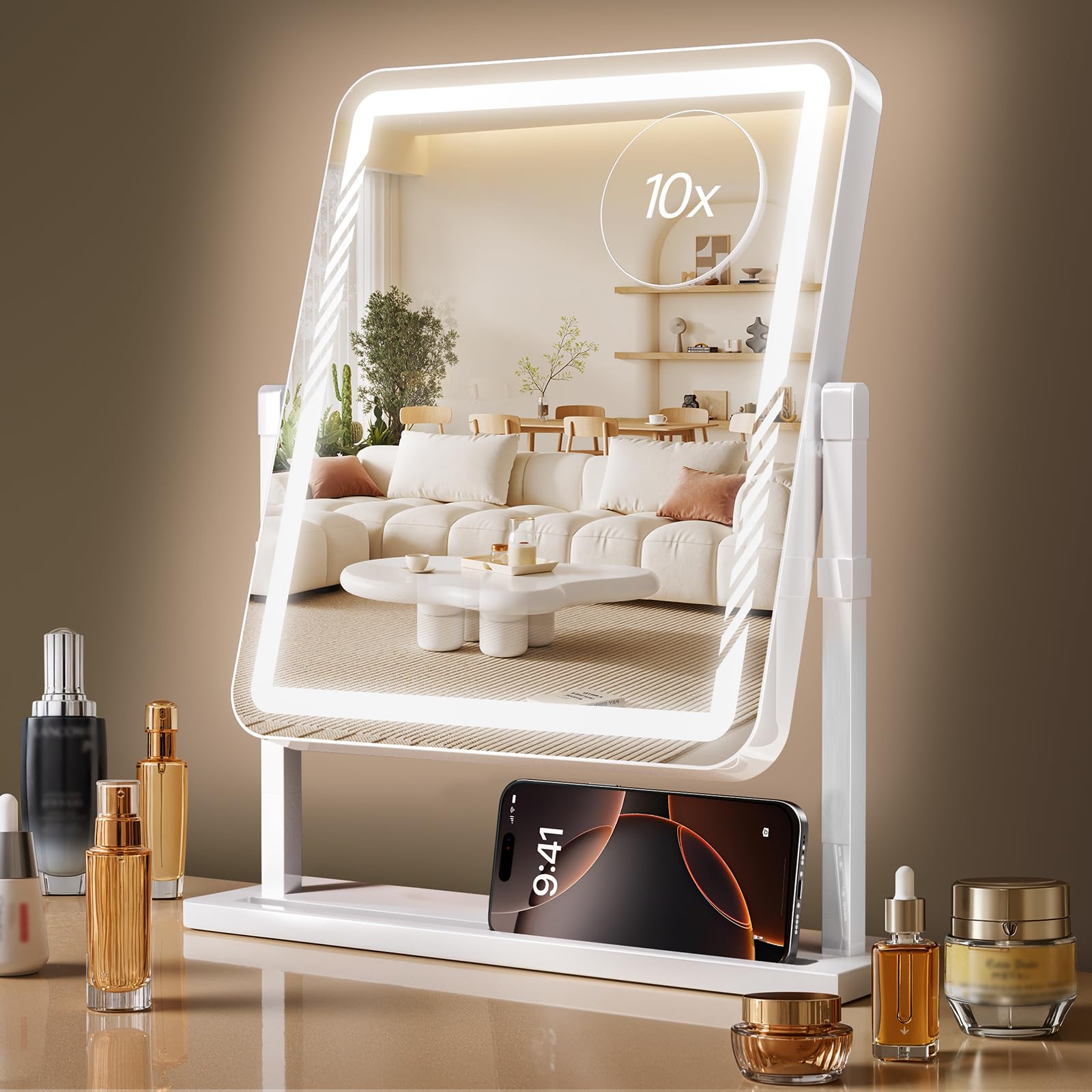 Kcavvi espejo de vanidad con luces, giro 360° para maquillaje cómodo.