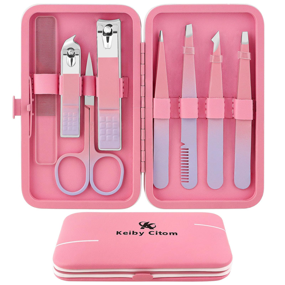 Keiby Citom set de pinzas de precisión para cejas y uñas, acabado rosa, vista frontal.