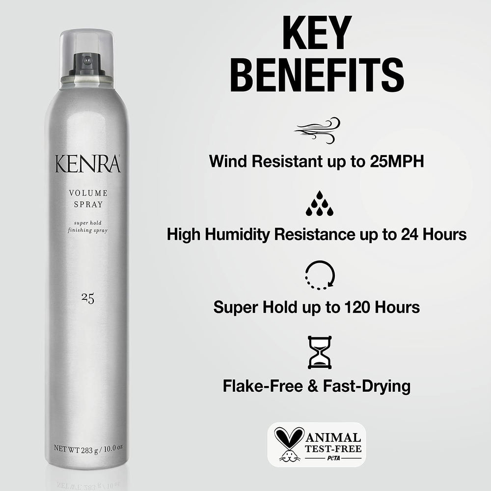 Kenra Spray de Volumen 25, aplicación suave para fijación precisa.