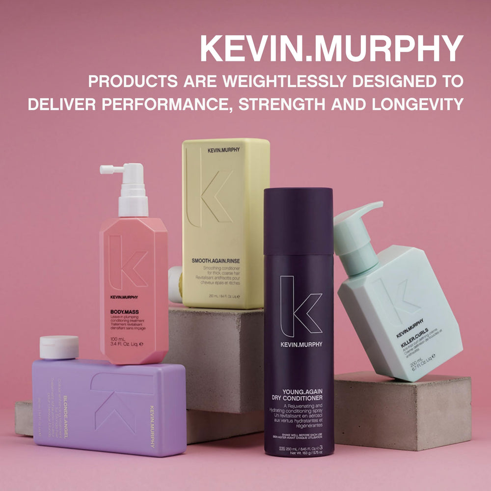 KEVIN.MURPHY Young.AGAIN.RINSE – flacon et etiquette montrant l’approche anti-âge capillaire.