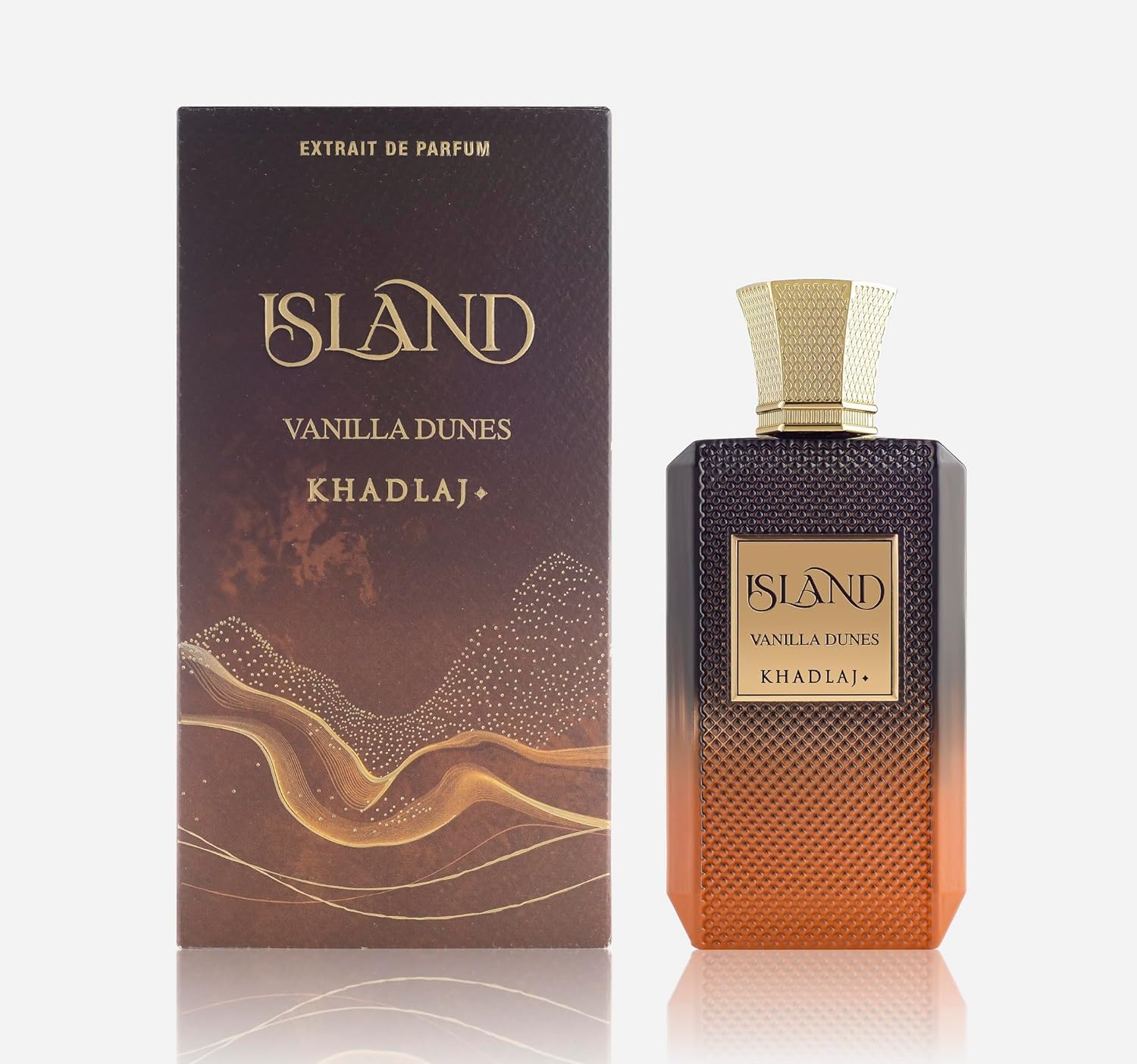 KHADLAJ Island Vanilla Dunes, botella frontal, fragancia de larga duración ideal para ocasiones especiales.