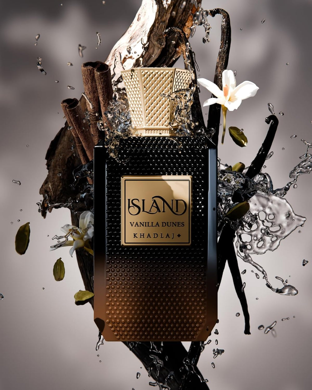 KHADLAJ Island Vanilla Dunes, empaque elegante, opción de regalo sofisticado para amante del lujo.