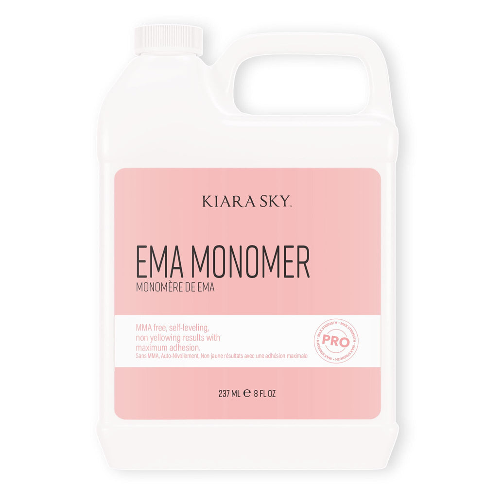 Kiara Sky EMA Monomer 8 onzas en botella, claridad duradera para uñas acrílicas.