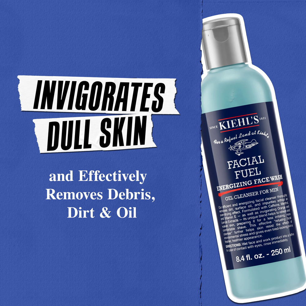 Kiehl's Facial Fuel: dosificador mostrado, fácil de usar en la rutina diaria.