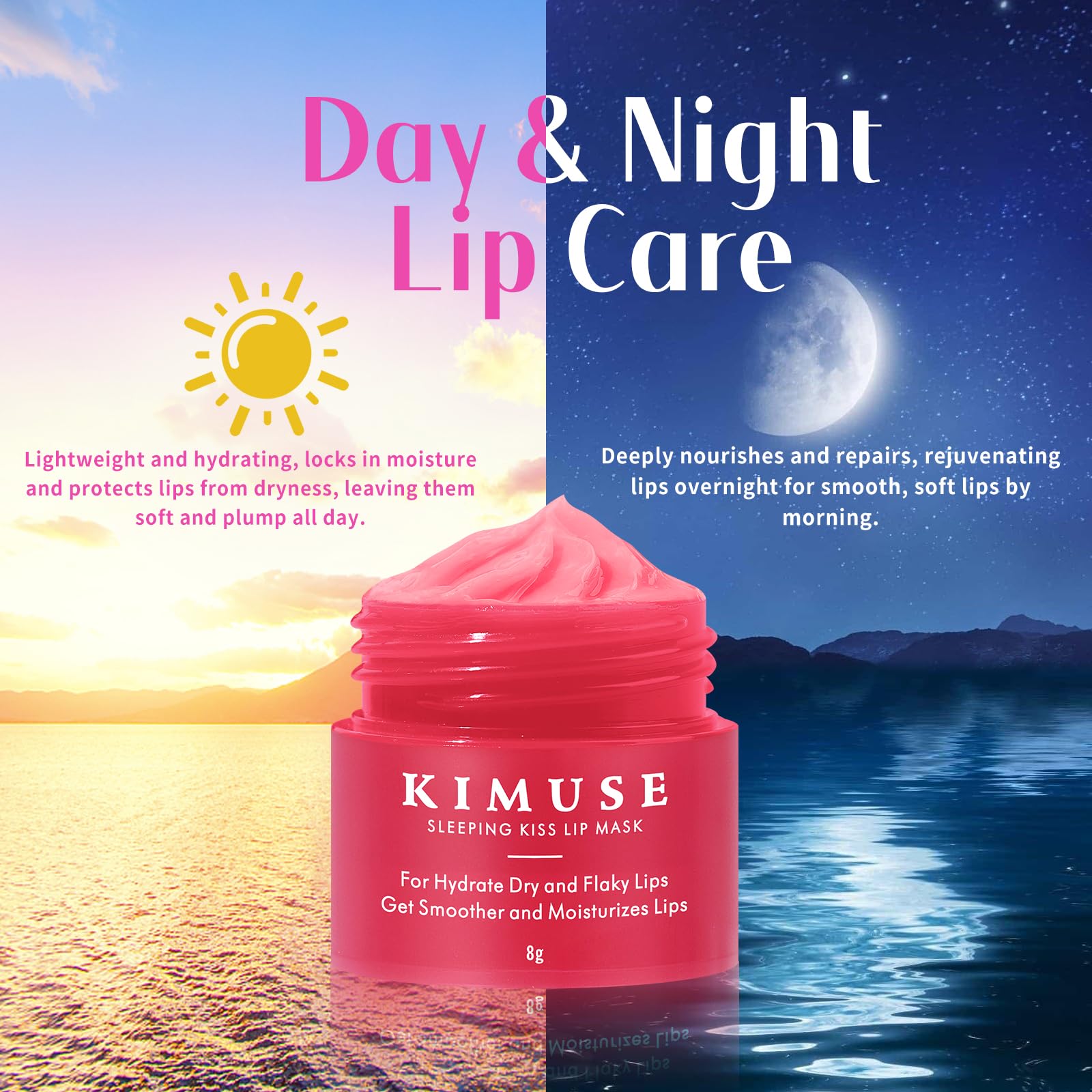 KIMUSE máscara labial con cera de baya y vitaminas para hidratación suave.