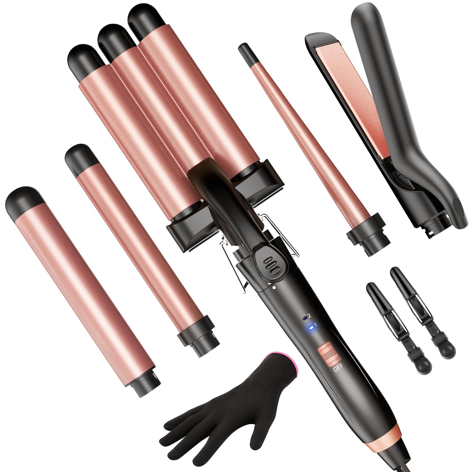 Kinked set 5 en 1 con ondulador cerámico para peinados versátiles.